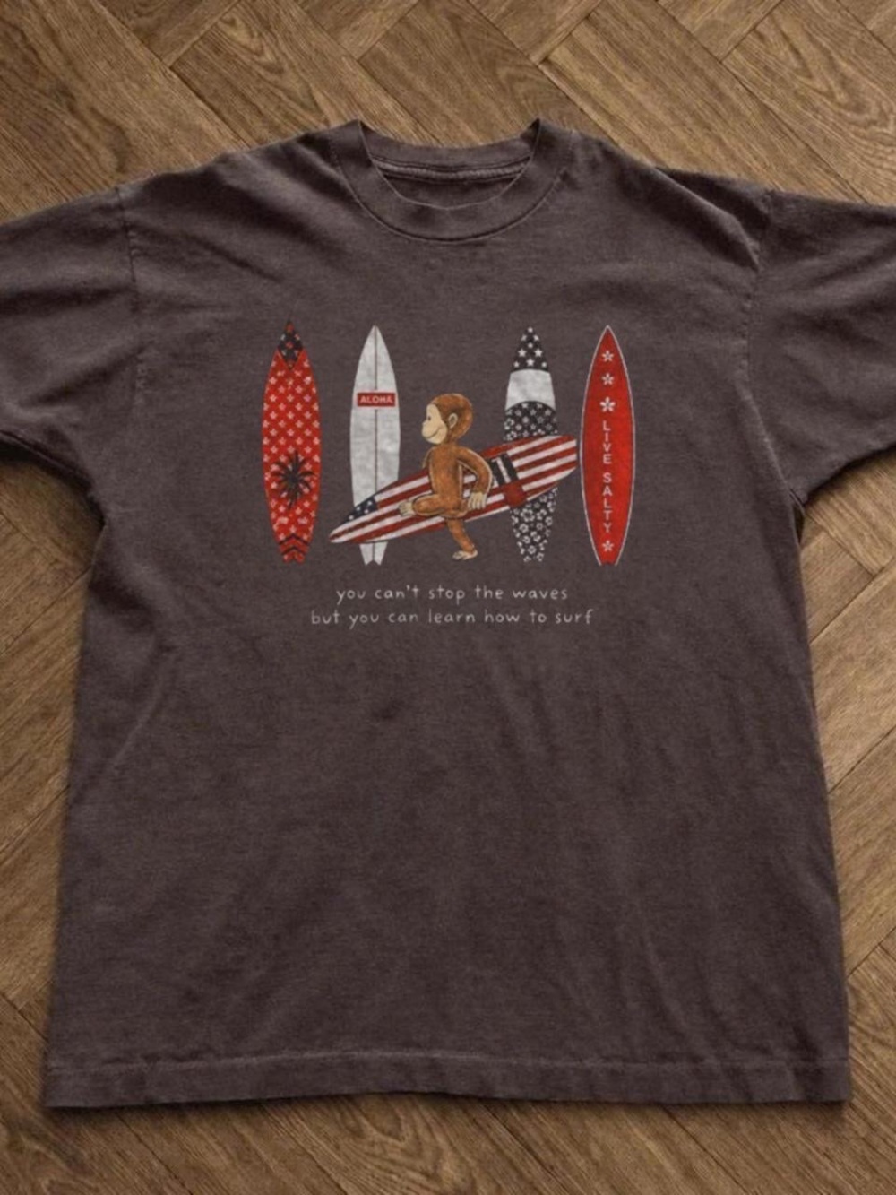 Gildan Brown Graphic Tee with Monkey Surfboard Design